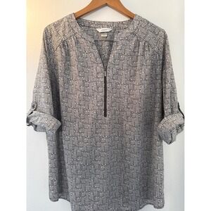 CJ Banks Womens Tunic 1X Black/White Geometric Roll Tab Top Careerwear Business